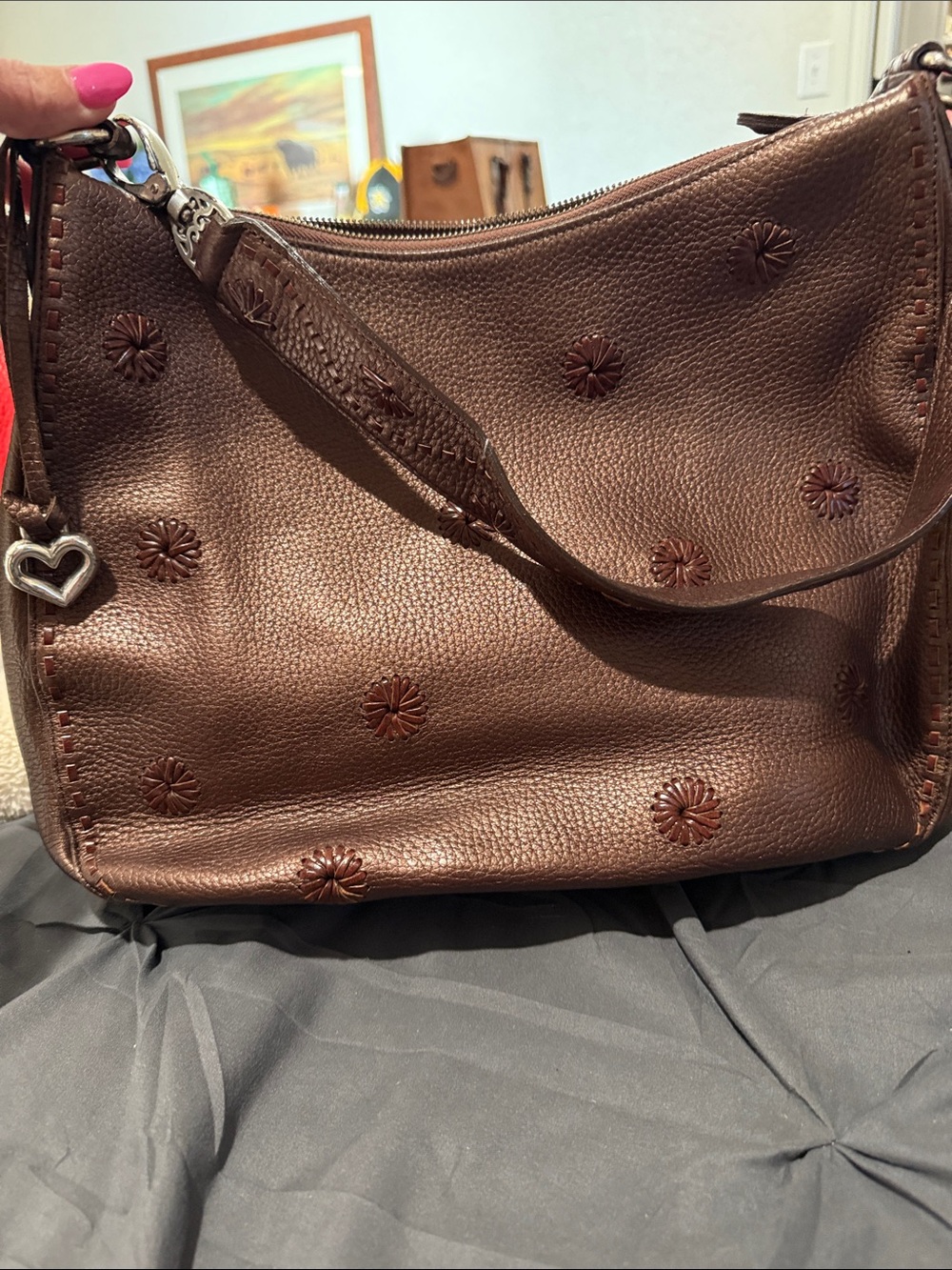 Brighton Brown Leather Floral-Accent Shoulder Bag